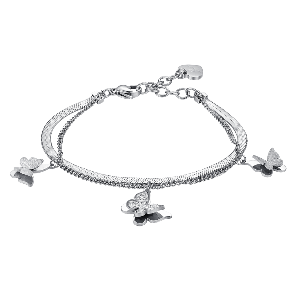 Luca Barra Bracciale 2 Fili Acciaio Farfalle Zirconate