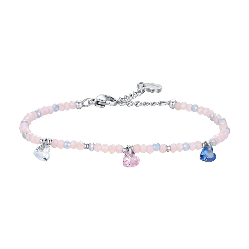 Luca Barra Bracciale Acciaio Pietre Rosa e Cuori Multicolor
