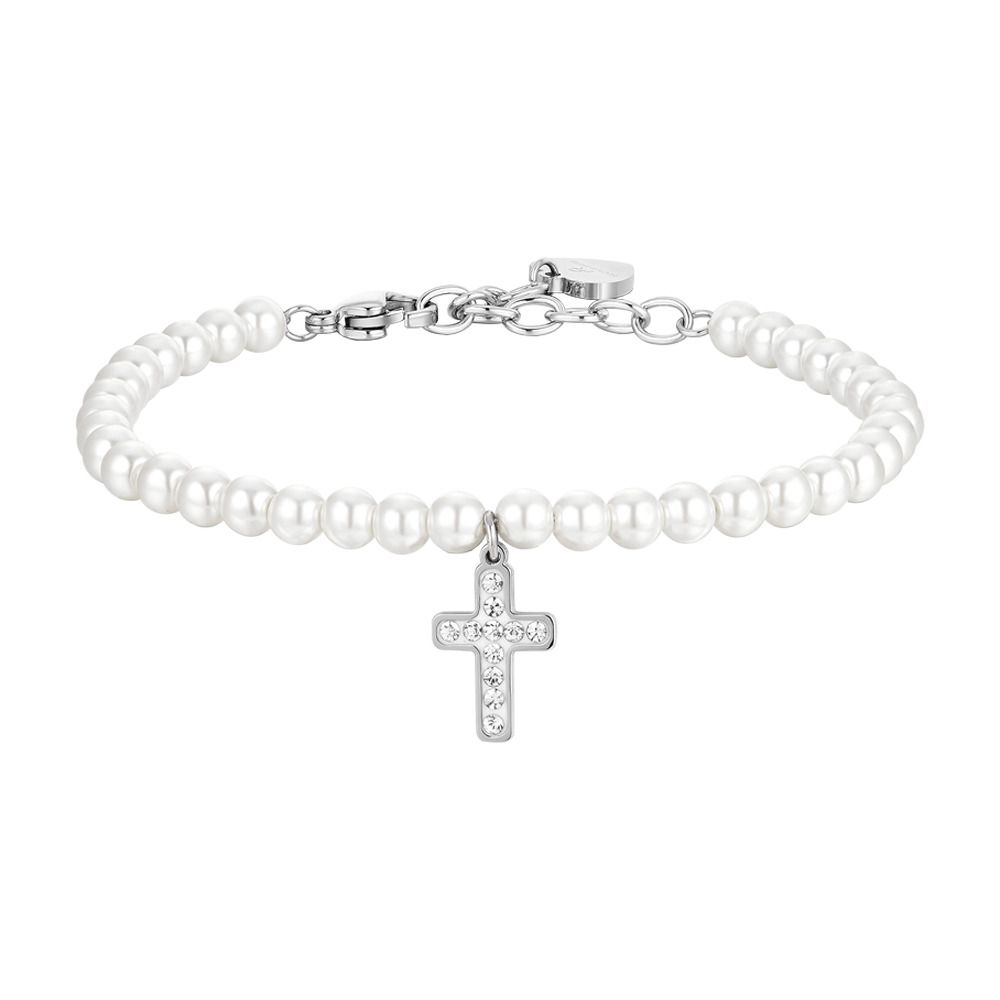 Luca Barra Bracciale Acciaio Perle e Croce