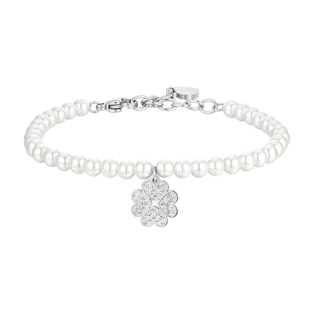 Luca Barra Bracciale Acciaio Perle e Quadrifoglio