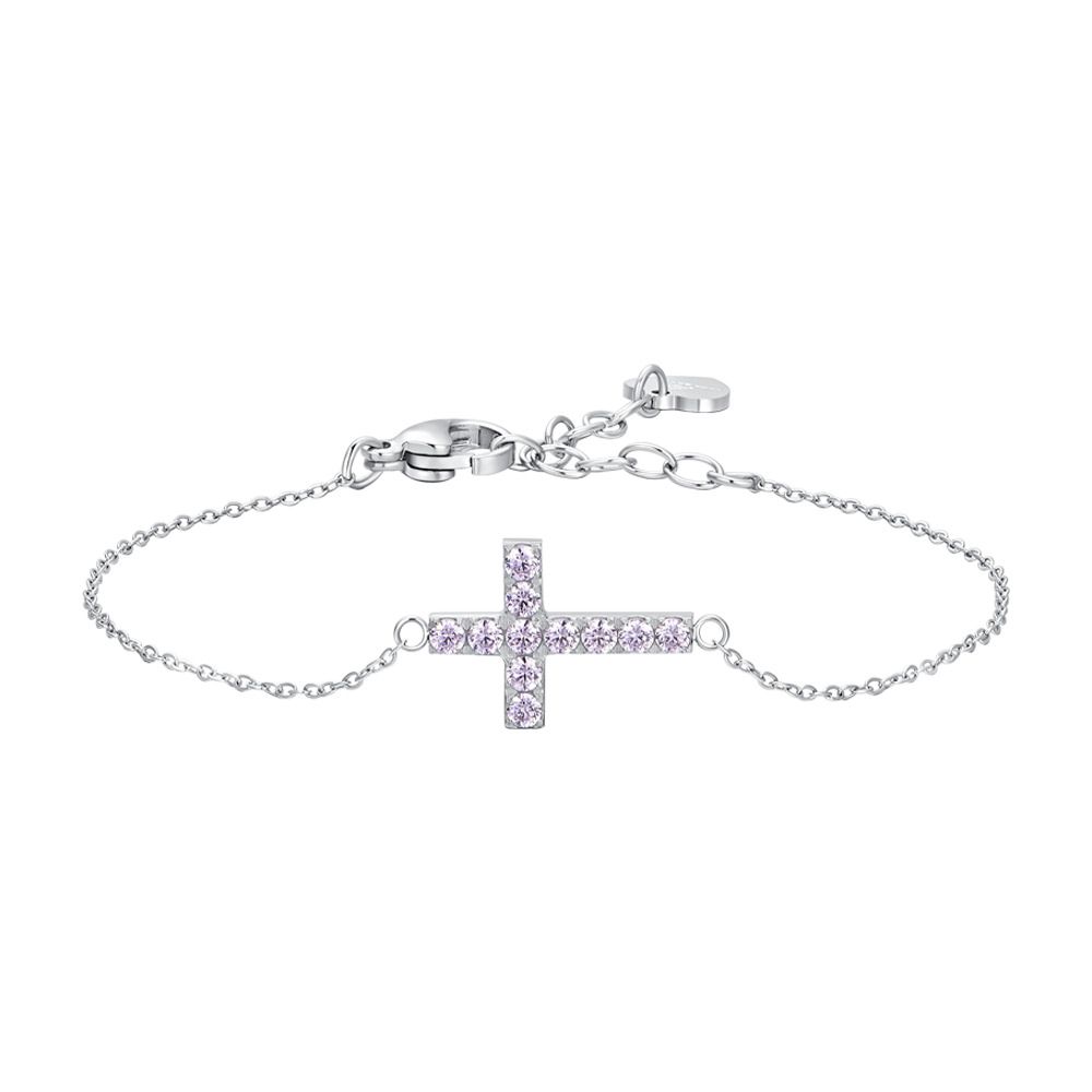 Luca Barra Bracciale Acciaio Croce e Zirconi Rosa