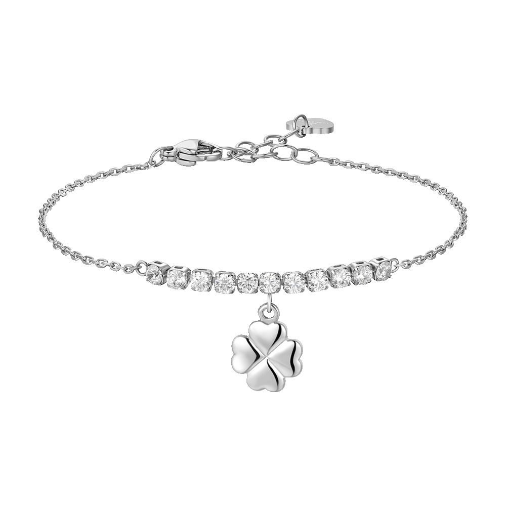 Luca Barra Bracciale Acciaio Quadrifoglio e Zirconi Bianchi