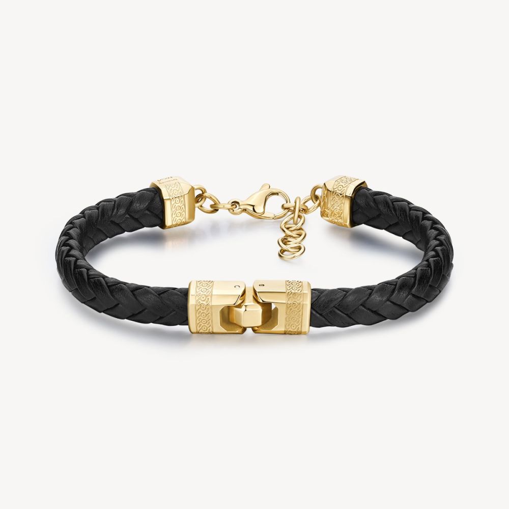 Brosway Bracciale Acciaio Gold e Pelle Sintetica Nera Knocker