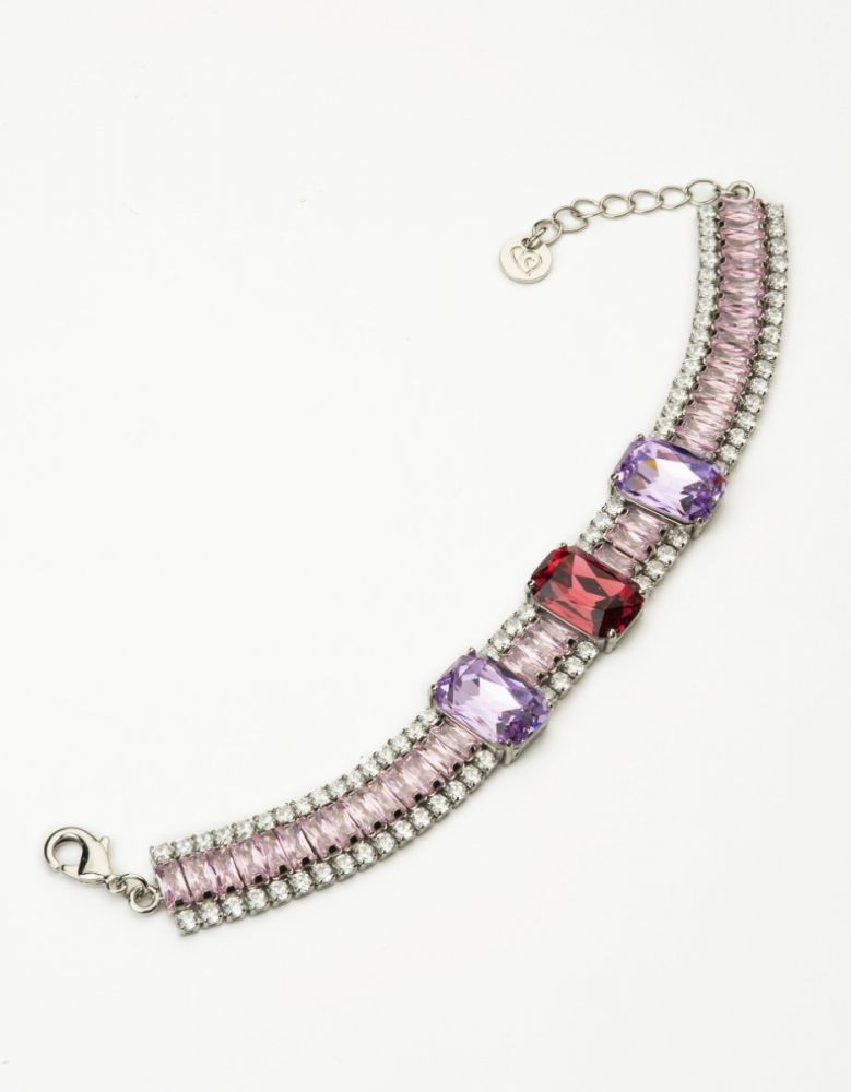Barbieri Bracciale Metallo Rodiato Cristalli e Pietre Lilla Rubino e Rosa