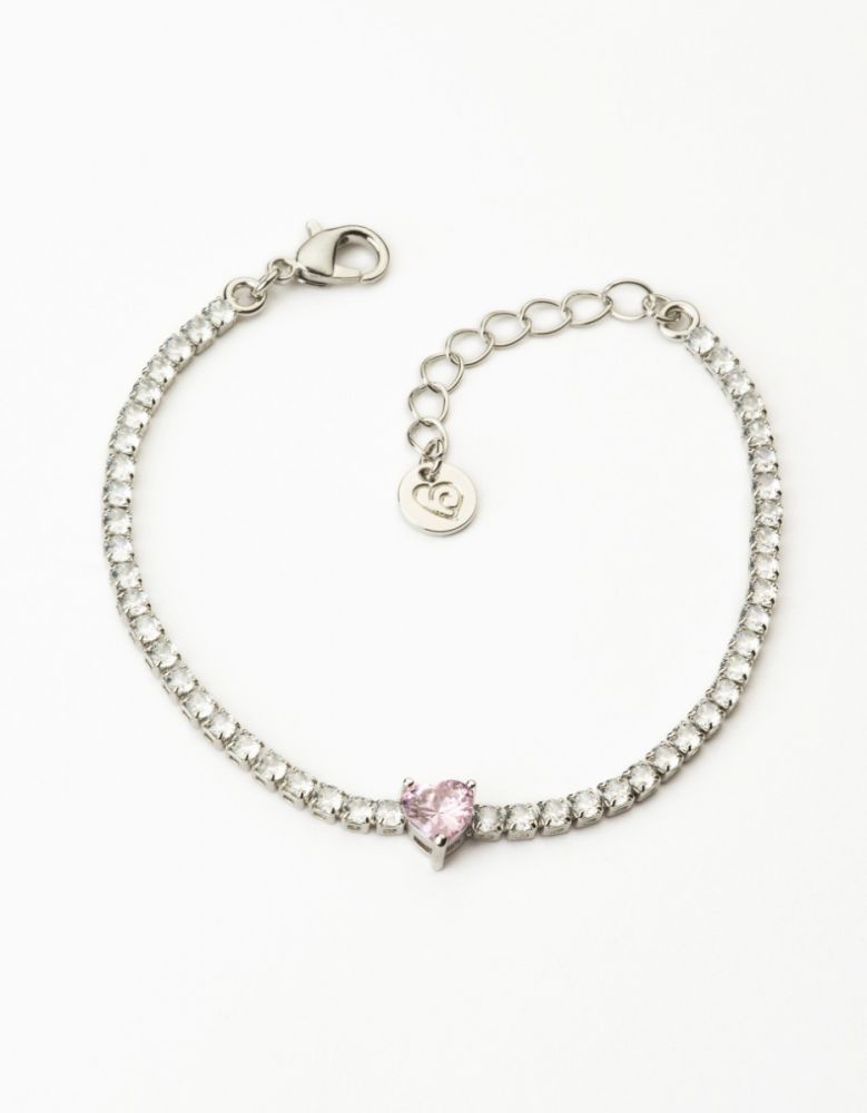 Barbieri Tennis Metallo Rodiato Cristalli Bianchi Cuore Rosa