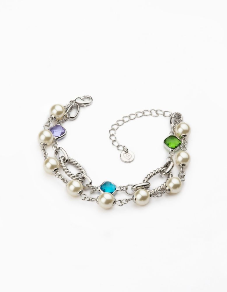 Barbieri Bracciale 2 Fili Metallo Rodiato Perle e Cristalli