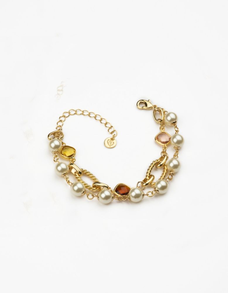 Barbieri Bracciale 2 Fili Metallo Dorato Perle e Cristalli