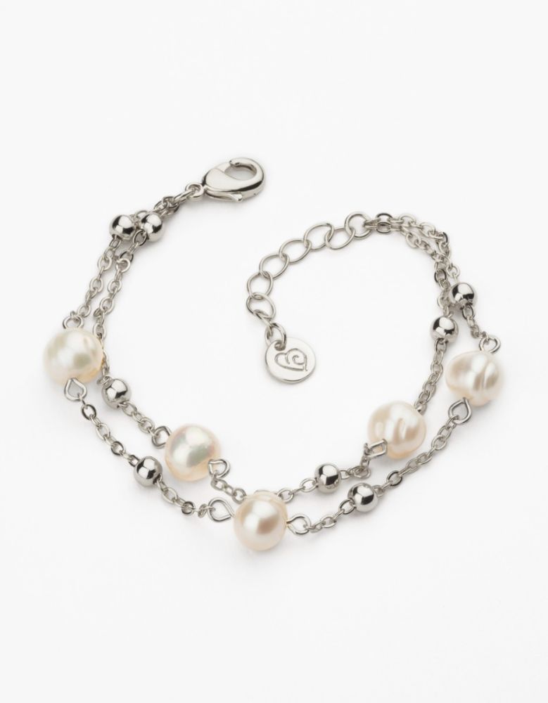 Barbieri Bracciale 2 Fili Metallo Rodiato Perle Crema