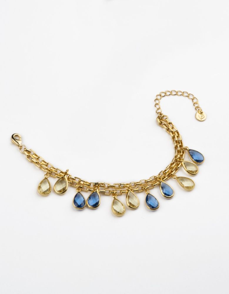 Barbieri Bracciale 2 FIli Metallo Dorato Cristalli Zaffiro e Champagne