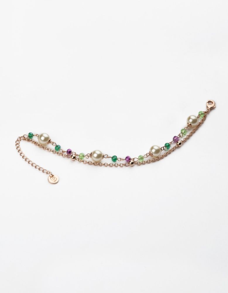 Barbieri Bracciale 2 Fili Metallo Rosato Perle e Pietre