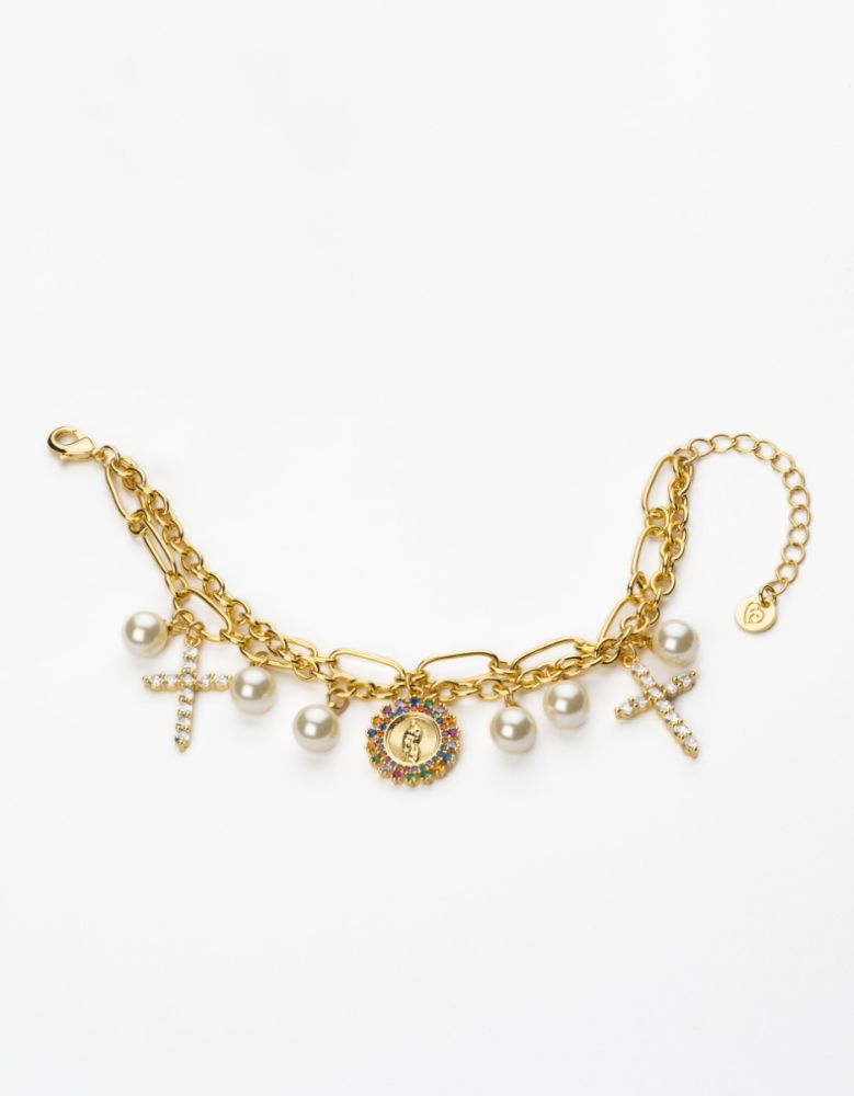 Barbieri Bracciale 2 Fili Metallo Dorato Perle e Charm