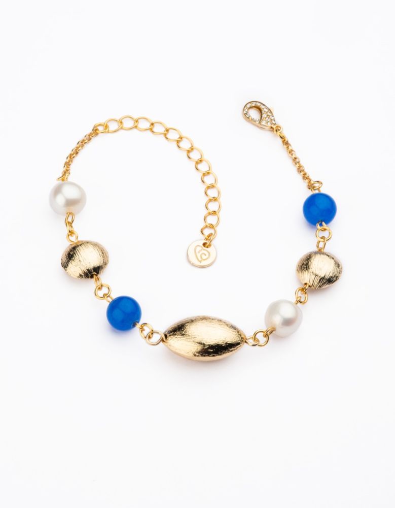 Barbieri Bracciale Metallo Dorato Perle e Pietre Blu