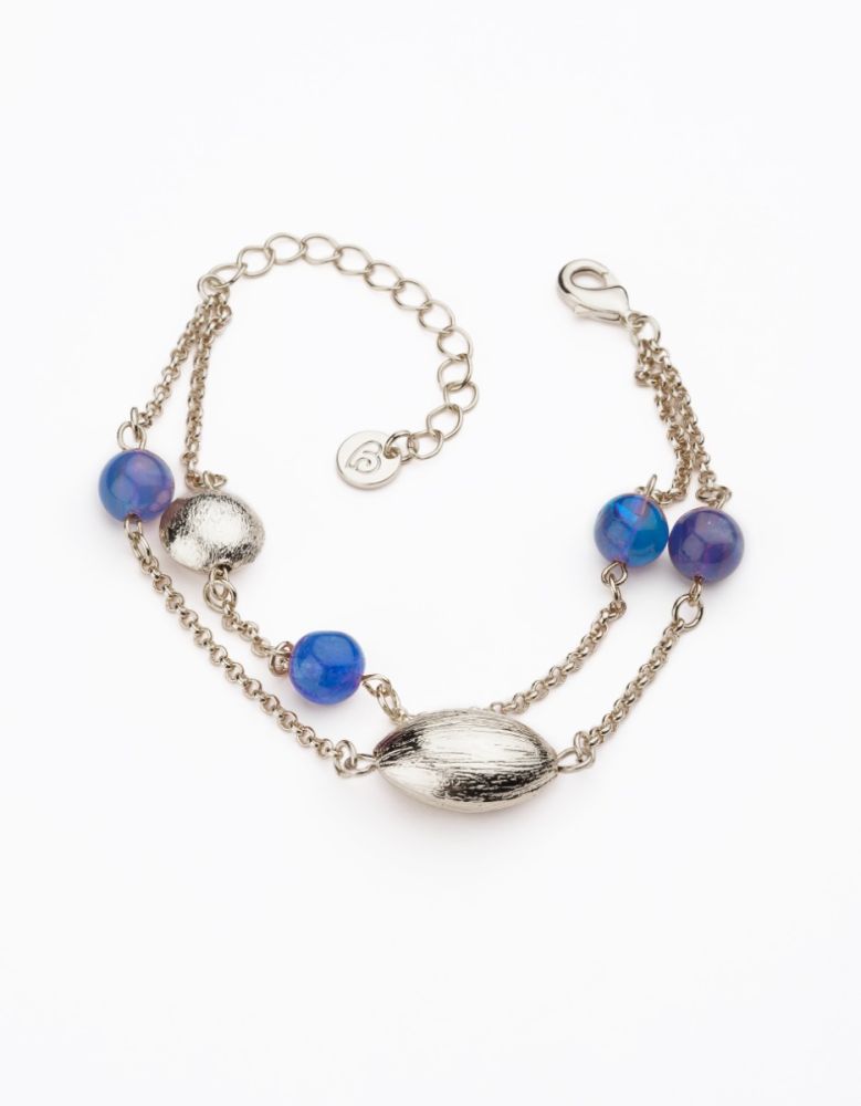 Barbieri Bracciale 2 Fili Metallo Rodiato Sfere e Pietre Blu