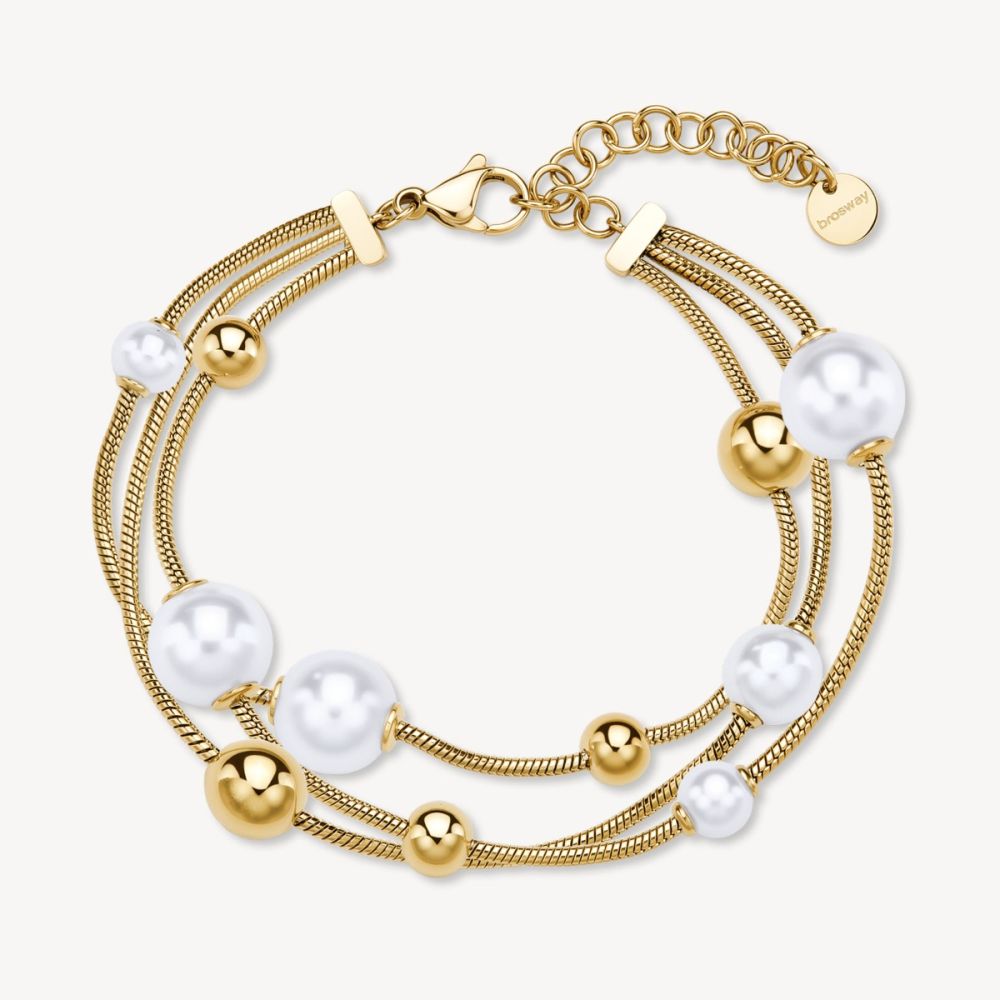 Brosway Bracciale 3 Fili Acciaio Gold Perle e Sfere Perfect 