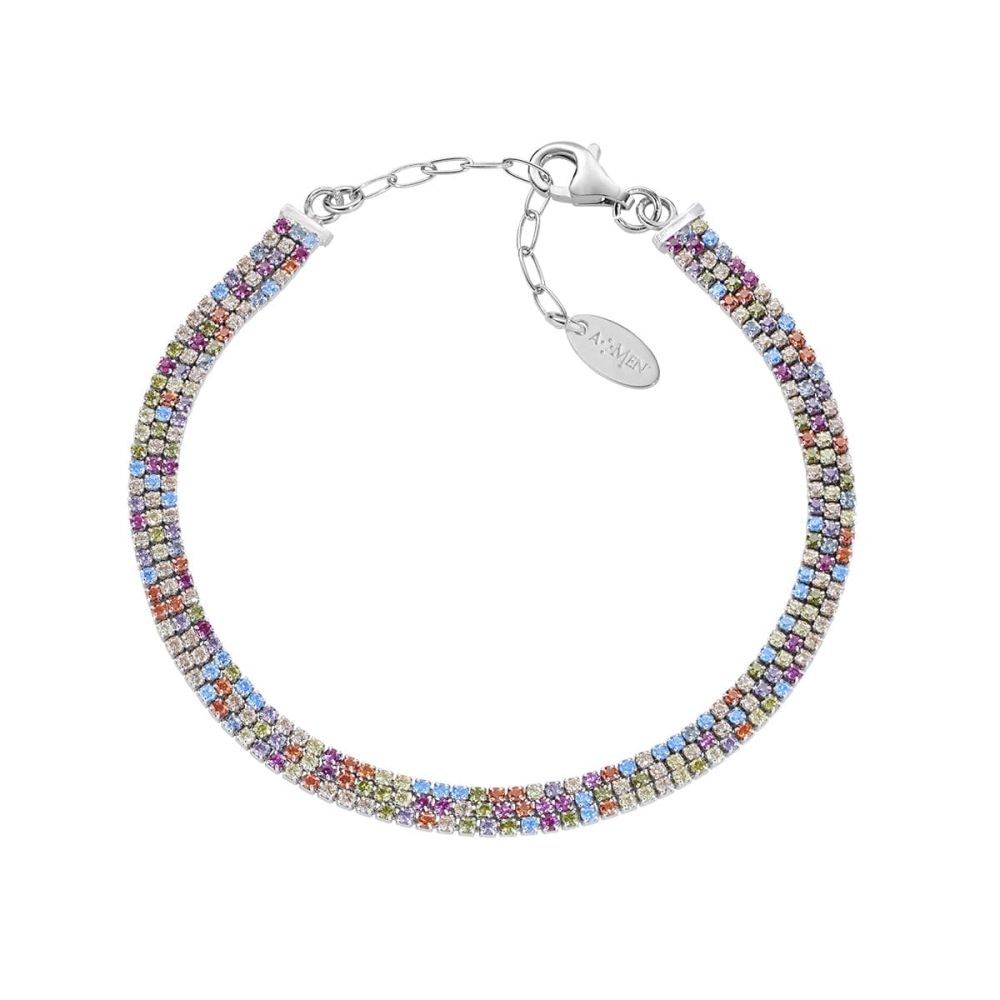 Amen Tennis Argento 3 File di Zirconi Multicolor