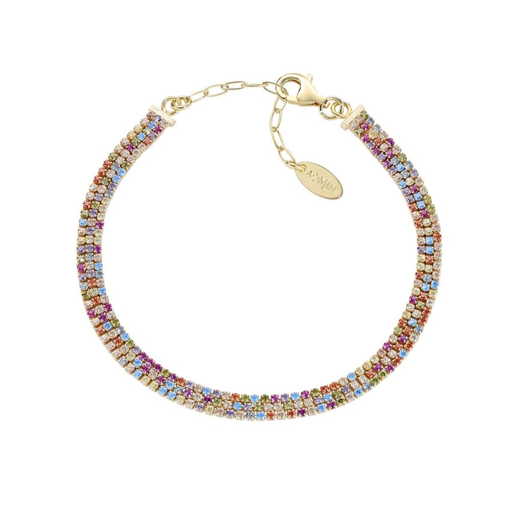 Amen Tennis Argento Gold 3 File di Zirconi Multicolor