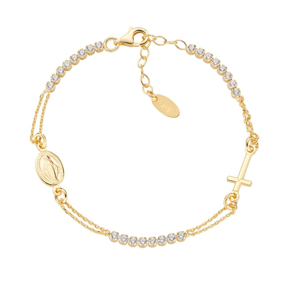 Amen Bracciale Argento Gold Croce Zirconi Bianchi e Madonna