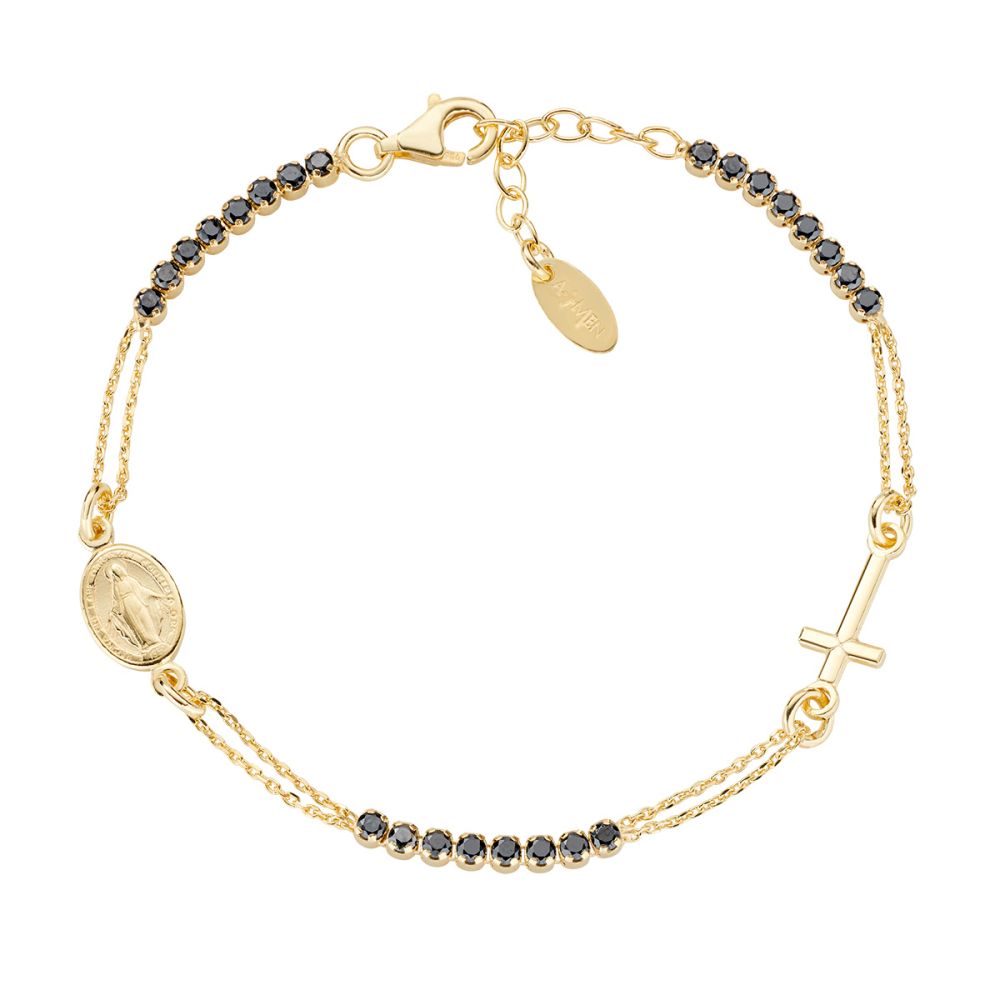 Amen Bracciale Argento Gold Croce Zirconi Neri e Madonna