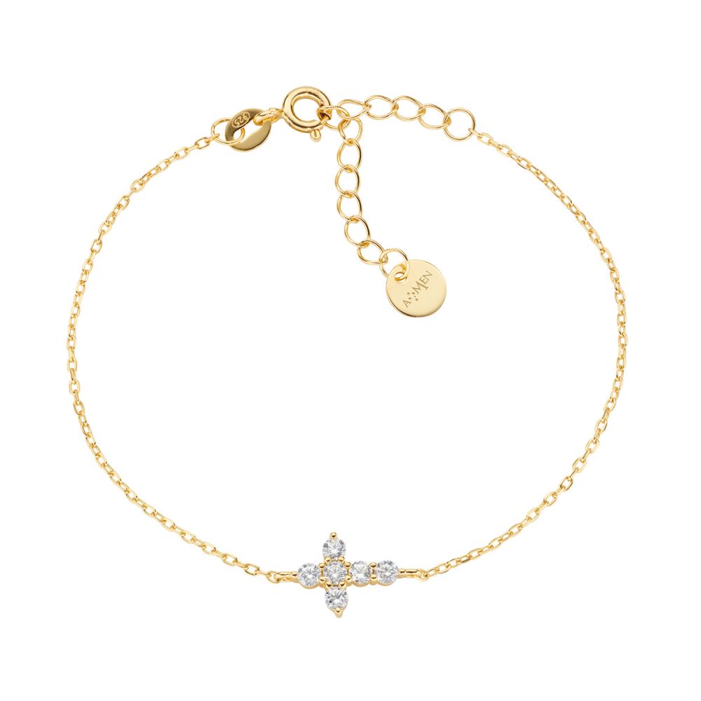 Amen Bracciale Argento Gold Croce Zirconi Bianchi