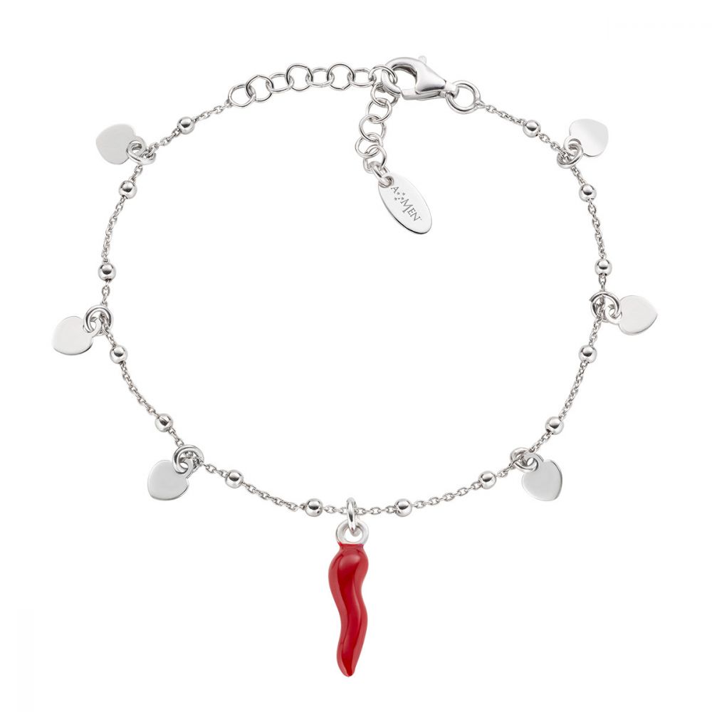 Amen Bracciale Argento Rodiato Cuori e Cornetto Rosso