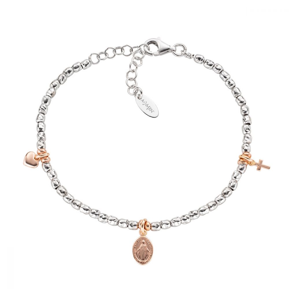 Amen Bracciale Argento Rodiato  Charm Miracolosa Croce Cuore