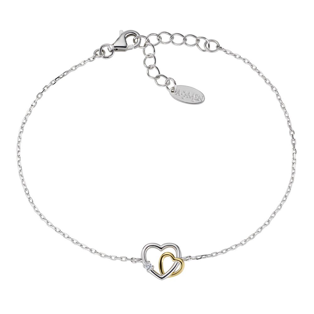 Amen Bracciale Argento 2 Cuori Rodio-Oro