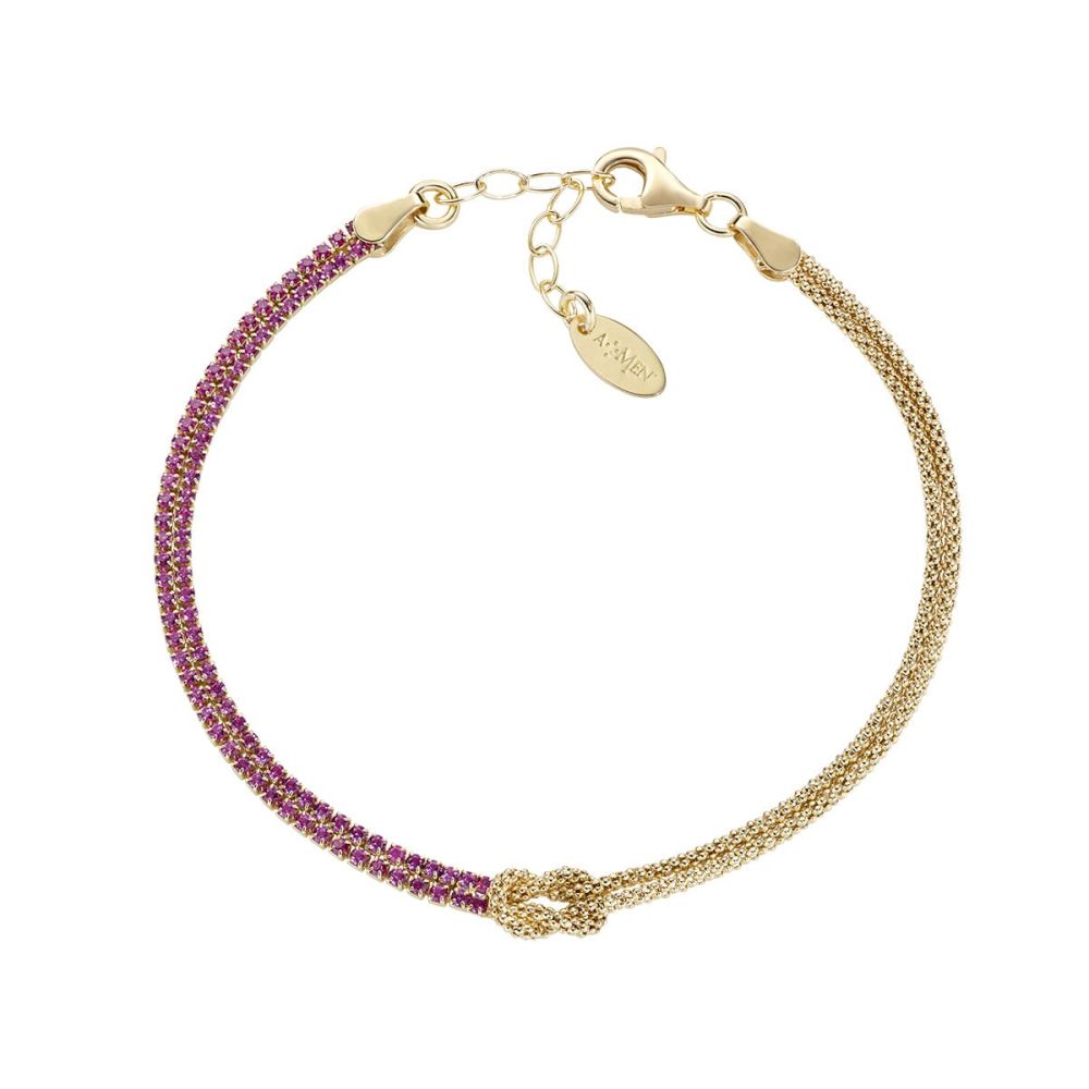 Amen Bracciale Argento Gold Nodo D'amore Zirconi Rossi