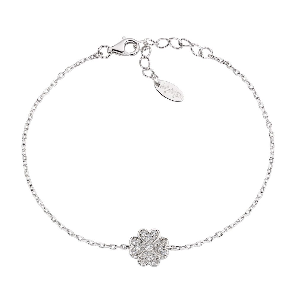 Amen Bracciale Argento Rodiato Quadrifoglio Zirconato