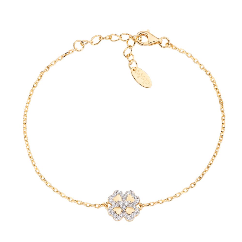 Amen Bracciale Argento Dorato Quadrifoglio Zirconato