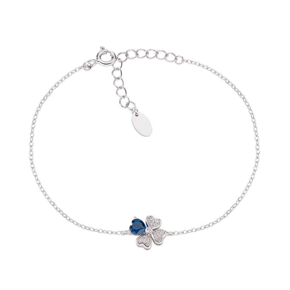 Amen Bracciale Argento Rodiato Quadrifoglio Con Cuore Zaffiro