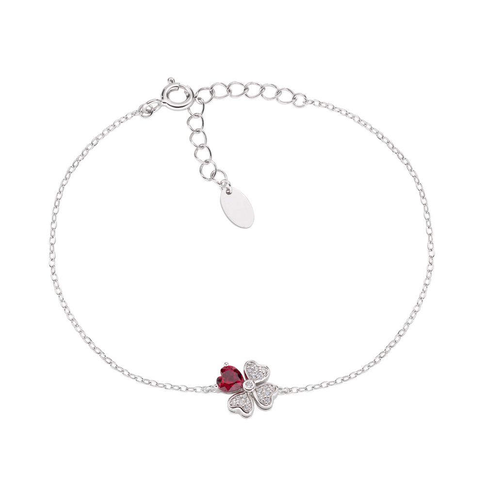 Amen Bracciale Argento Rodiato Quadrifoglio Con Cuore Rubino