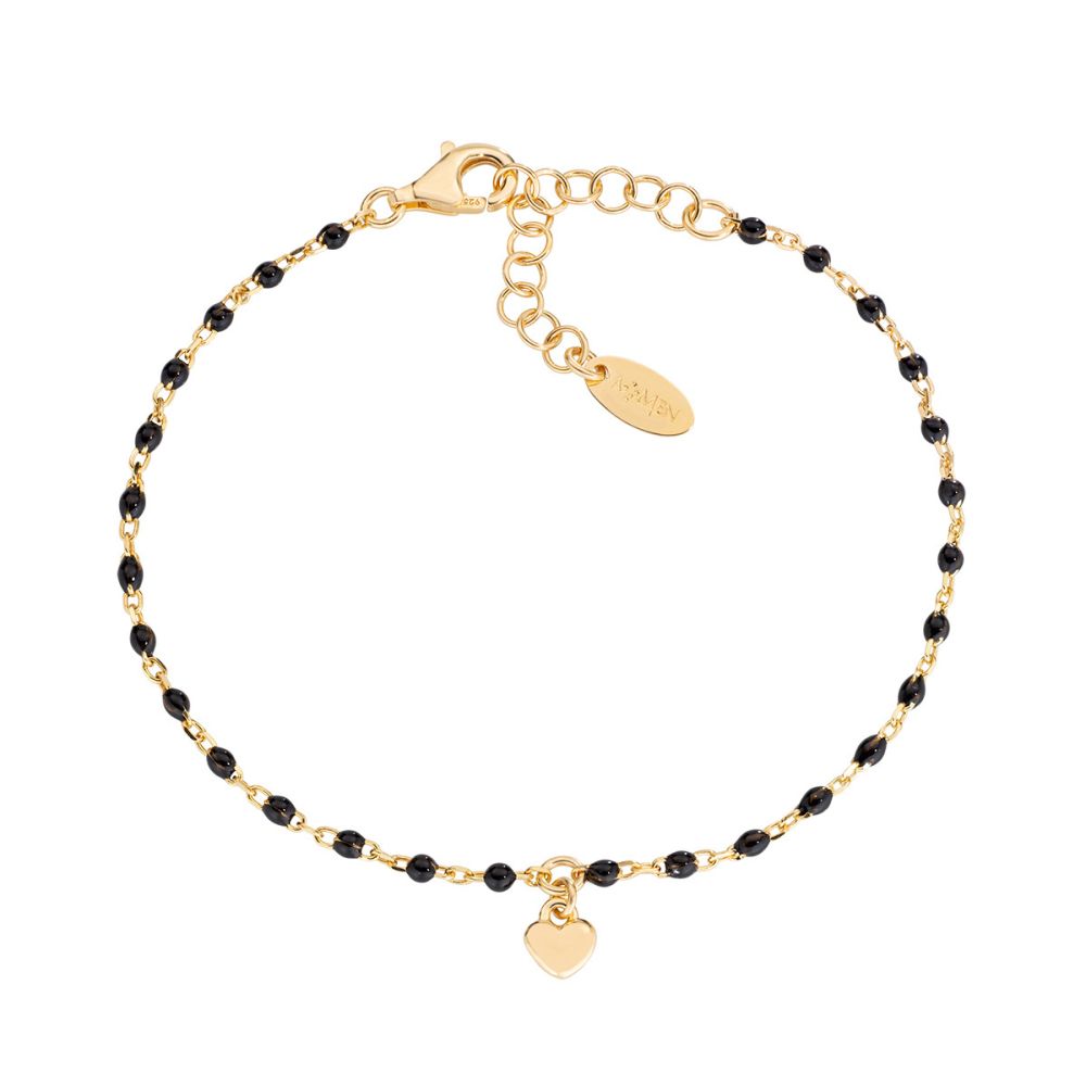Amen Bracciale Argento Dorato Cuore e Smalto Nero