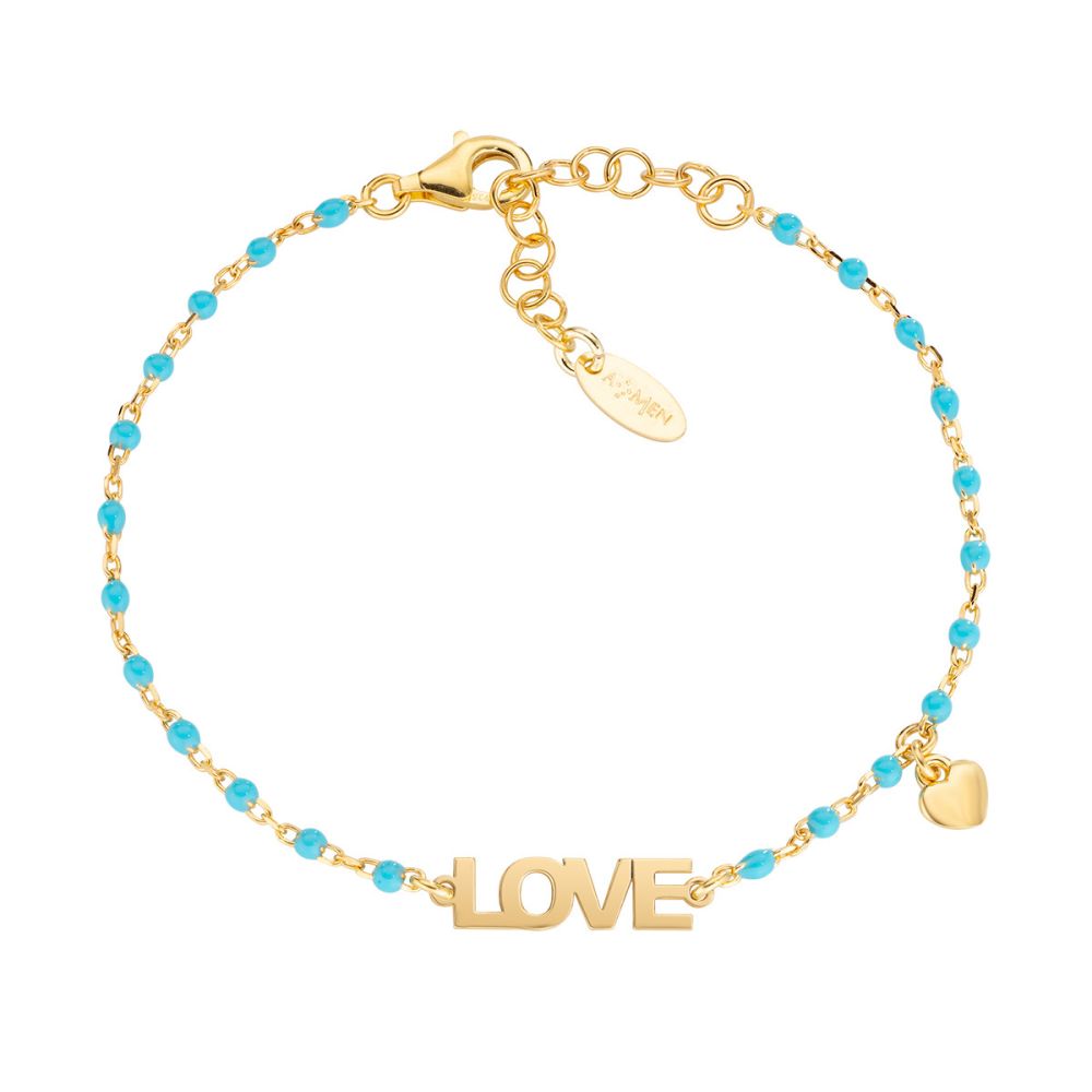Amen Bracciale Argento Dorato Love e Smalto Turchese