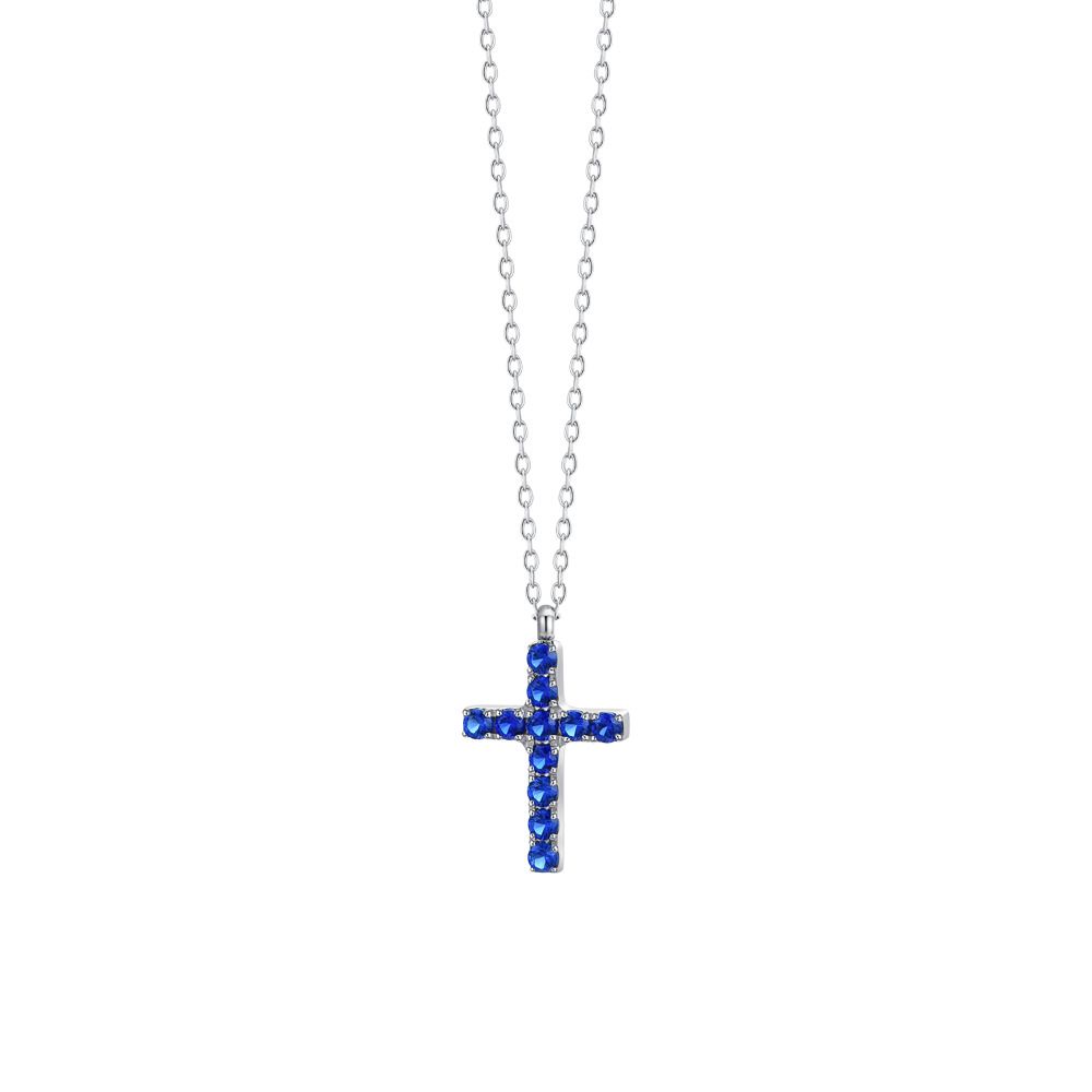 Luca Barra Collana Acciaio Croce con Cristalli Blu