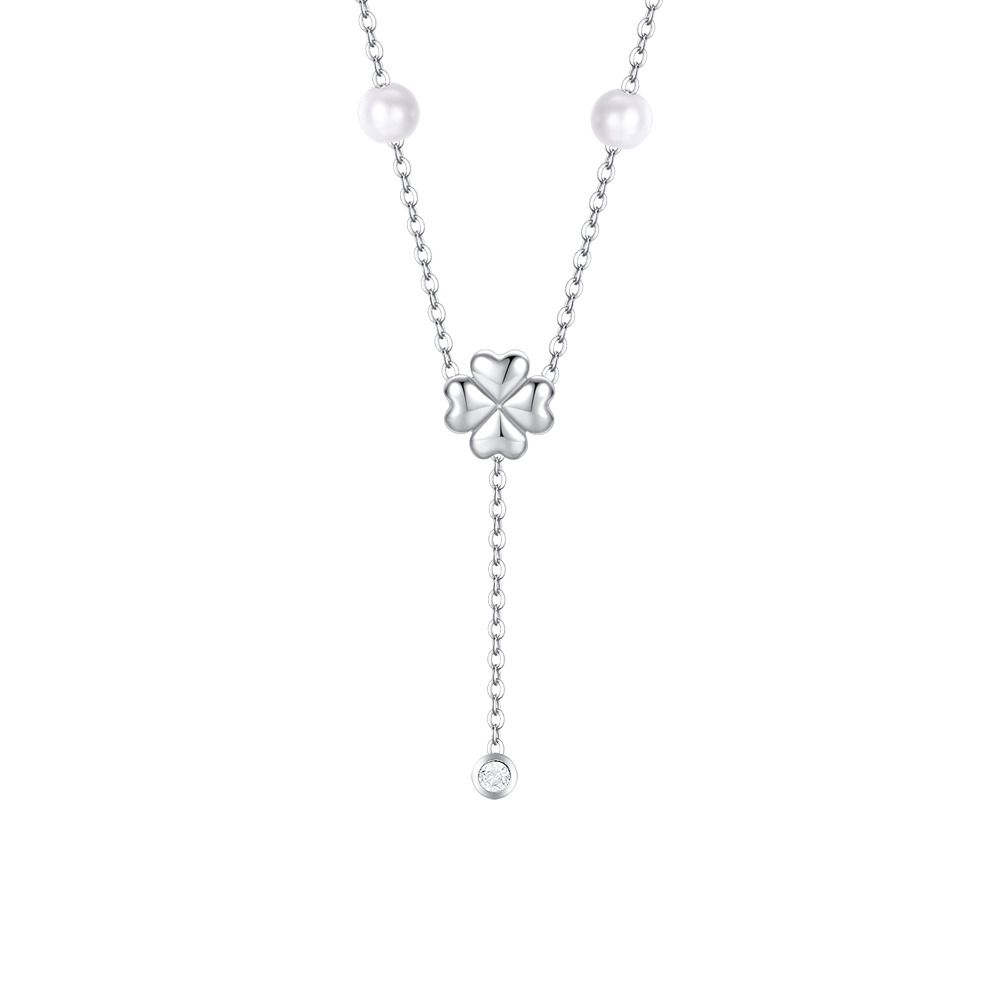 Luca Barra Collana Acciaio Quadrifoglio e Perle