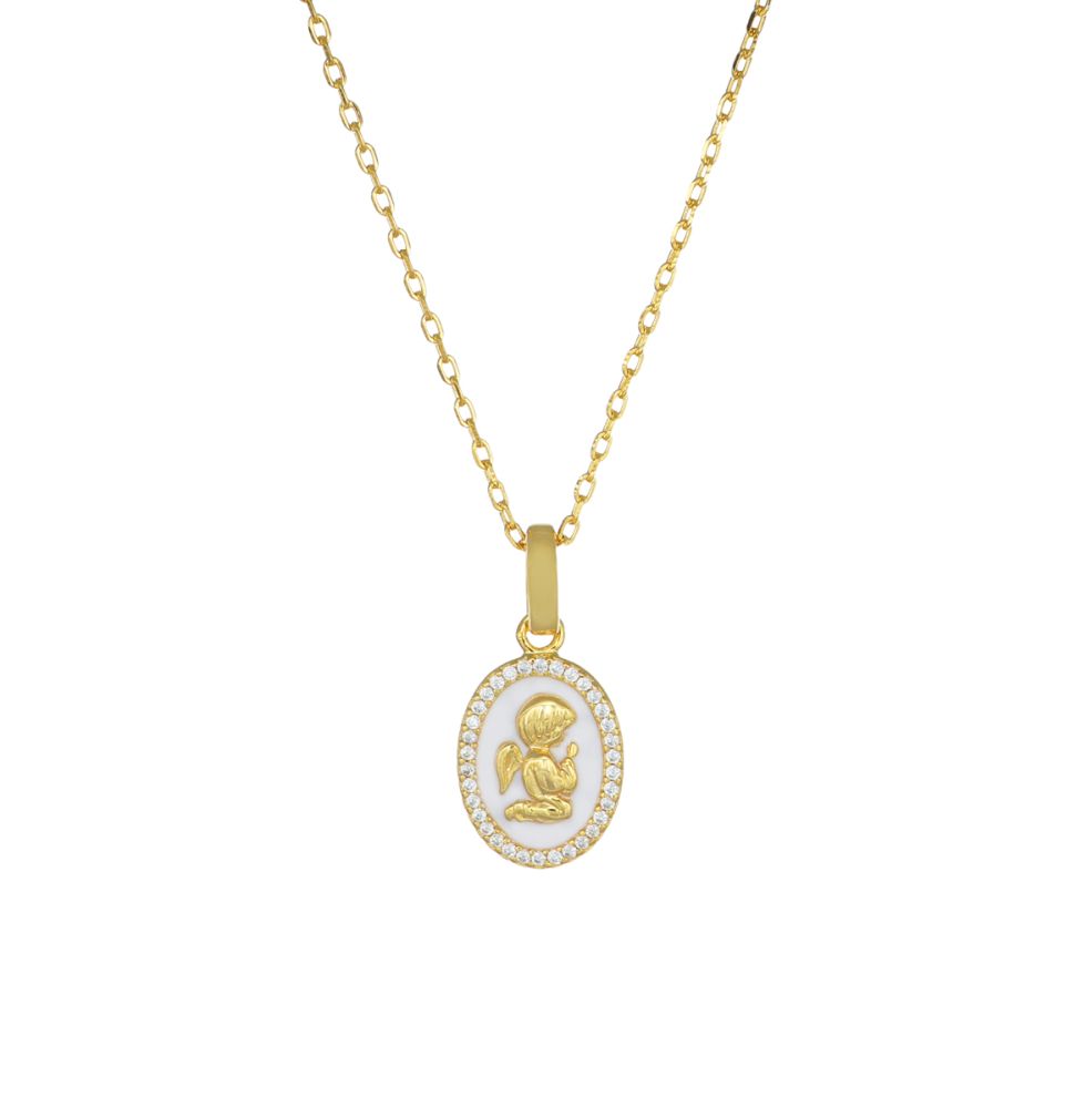  Amen Collana Argento Gold Angelo Smalto Bianco