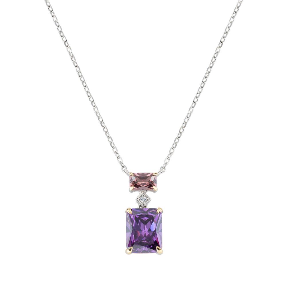 Amen Collana Argento Rodiato Cristalli Viola e Brown