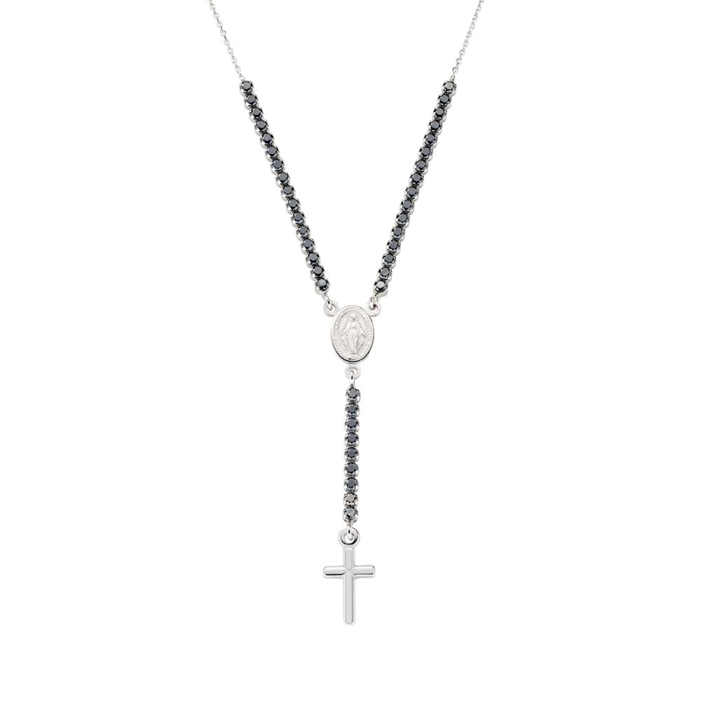 Amen Collana ad Y Argento Zirconi Neri e Croce