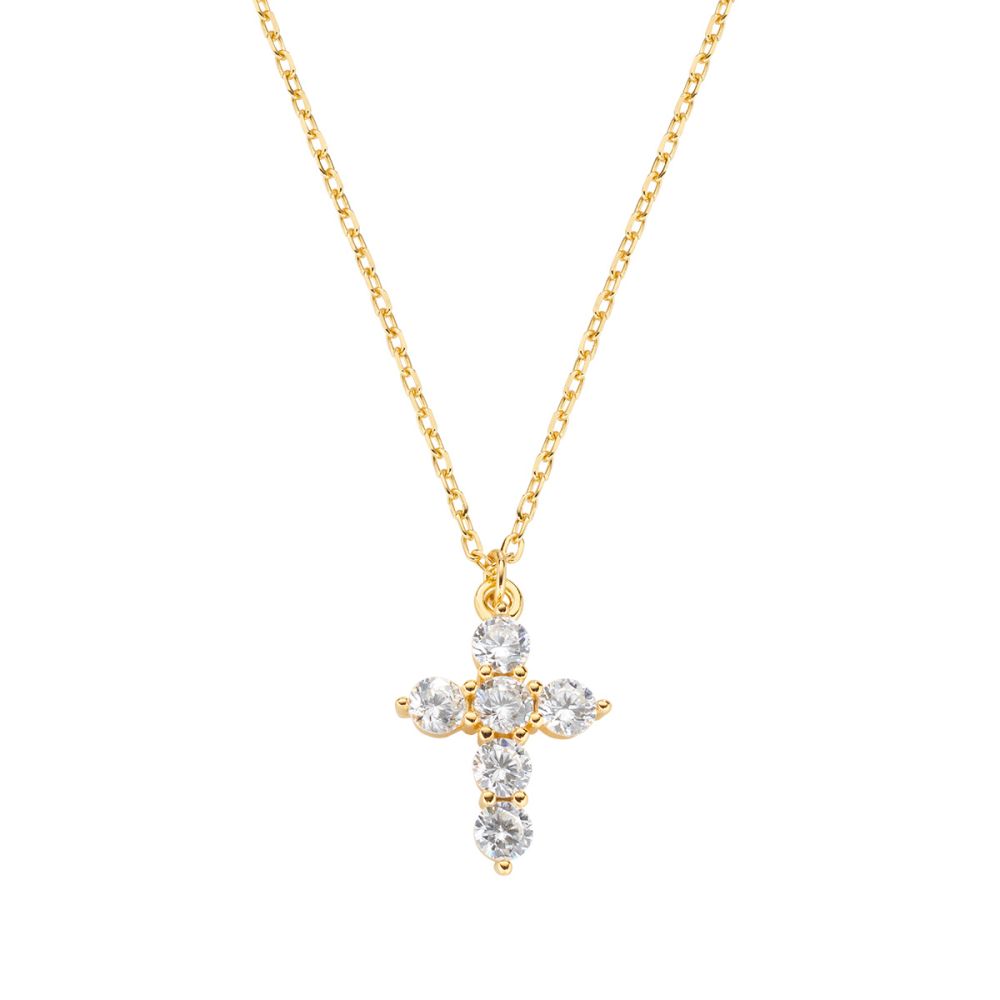 Amen Collana Argento Gold Croce Zirconi Bianchi