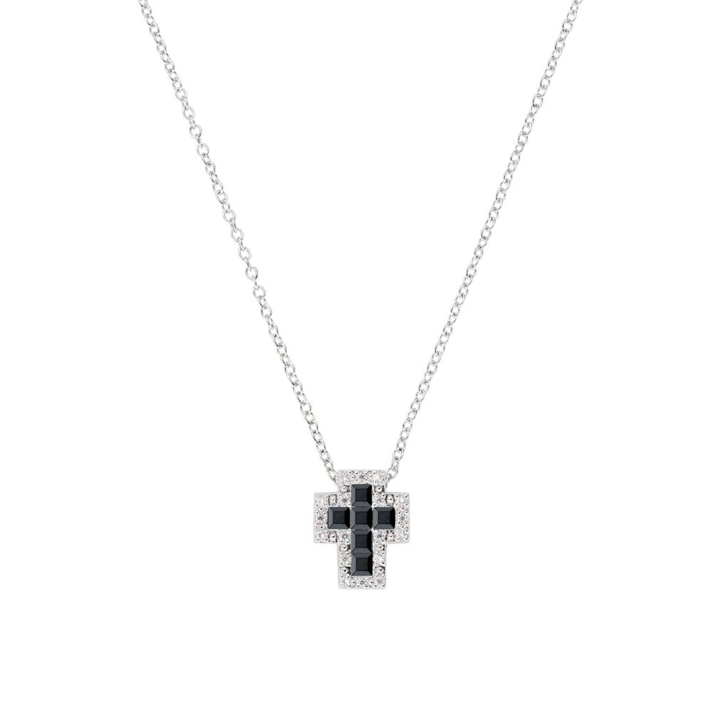 Amen Collana Argento Mini Croce Zirconi Bianchi e Neri