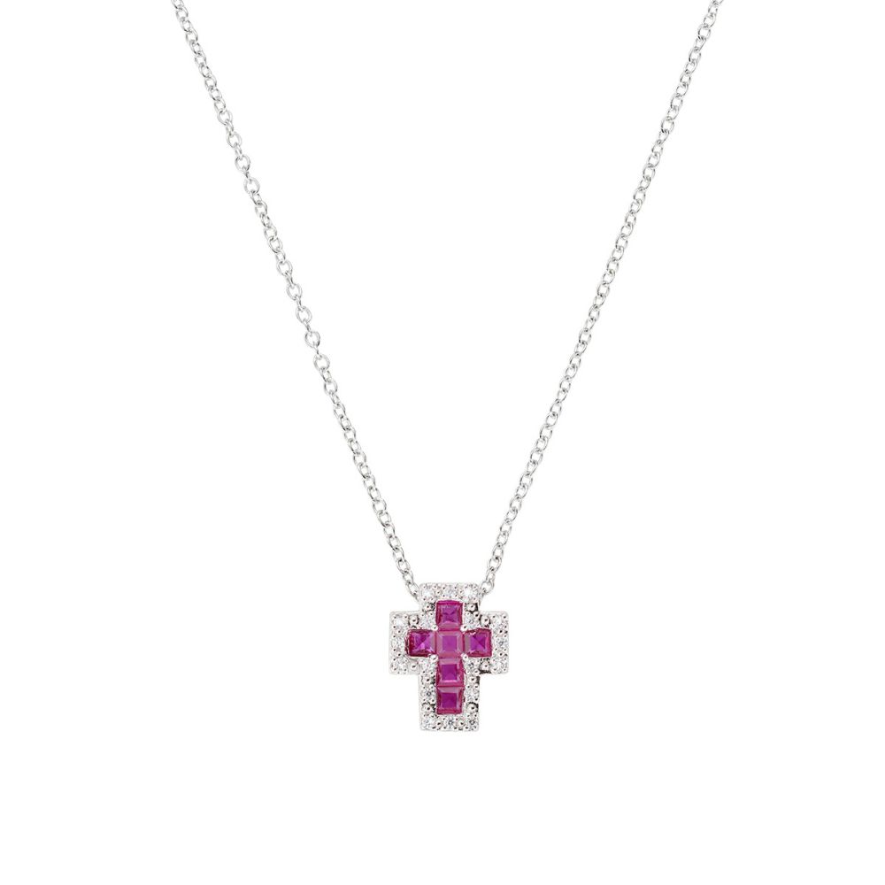 Amen Collana Argento Mini Croce Zirconi Bianchi e Rubino