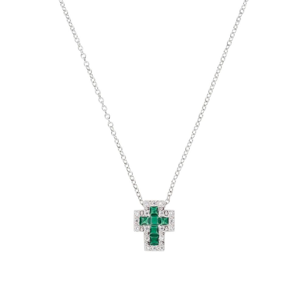 Amen Collana Argento Mini Croce Zirconi Bianchi e Verdi