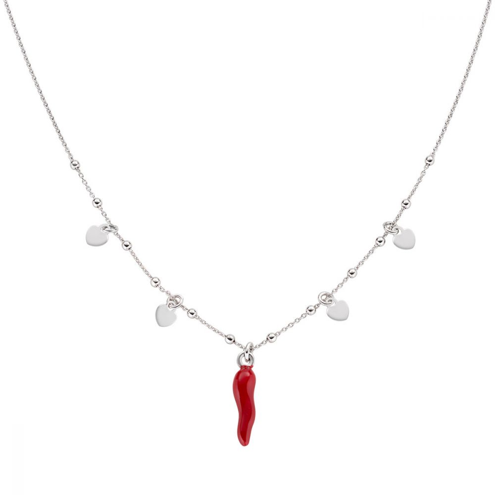 Amen Collana Argento Rodiato Cuori Rodio e Cornetto Rosso