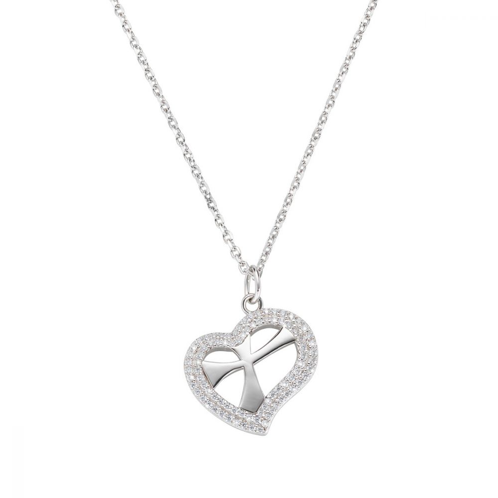 Amen Collana Donna Argento Croce in Cuore di Zirconi