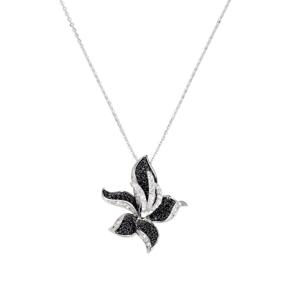 Amen Collana Argento Rodiato Orchidea Zirconi Bianchi e Neri