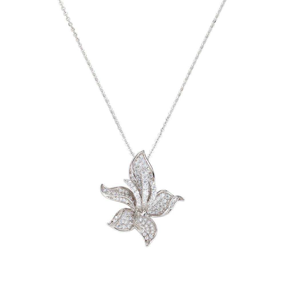 Amen Collana Argento Rodiato Orchidea Zirconi Bianchi