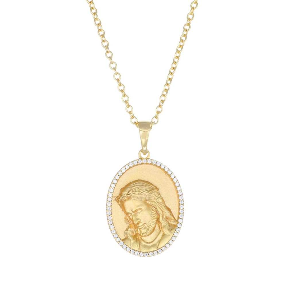 Amen Collana Argento Dorato Medaglia Sacra e Cristalli