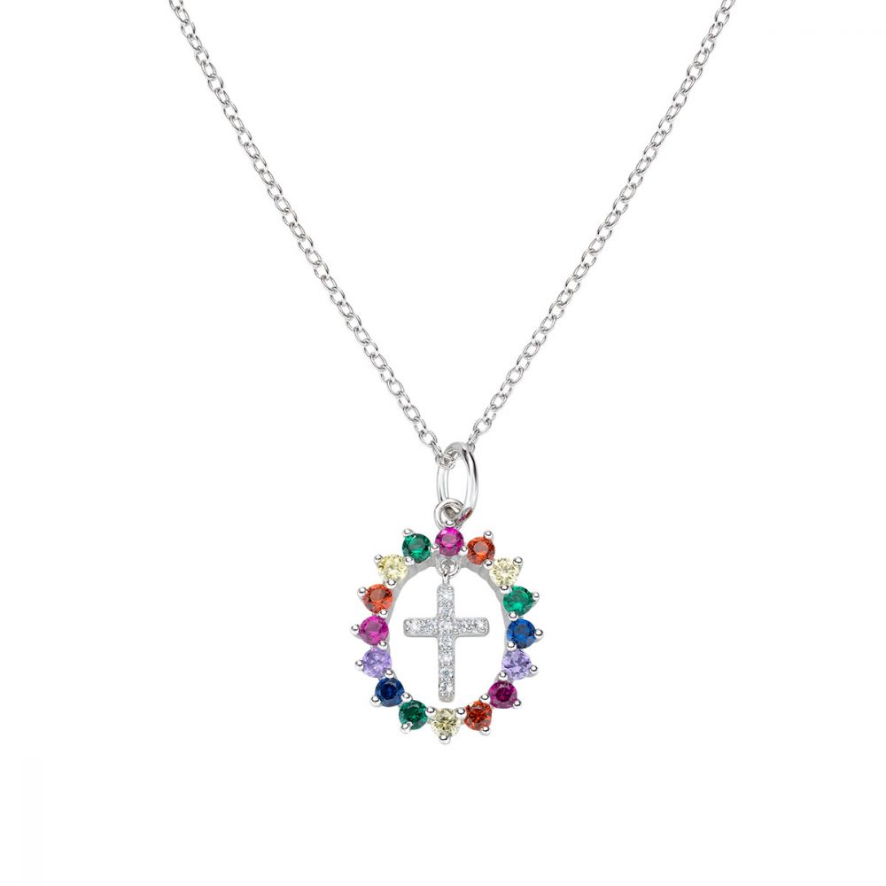 Amen Collana Argento Rodiato Croce e Zirconi Multicolor