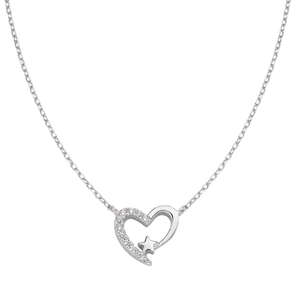 Amen Collana Argento Rodiato Cuore e Stella Con Zirconi