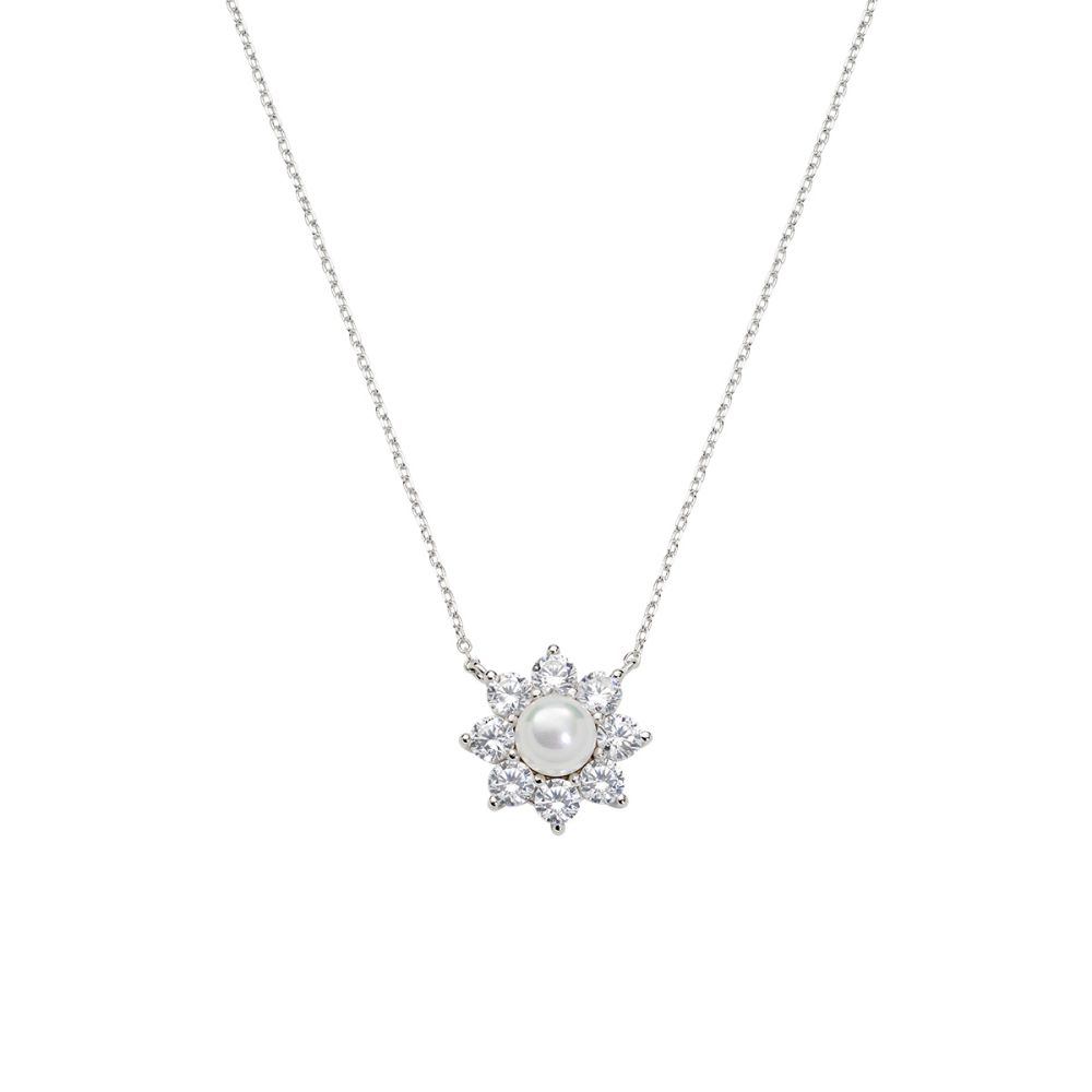 Amen Collana Argento Fiore Con Perla e Zirconi
